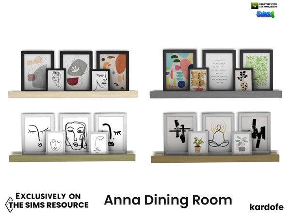 Sims 4 — Anna Dining Room_Shelves with pictures by kardofe — Wooden shelf with pictures, in four colour options