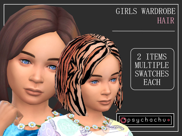 Sims 4 — Girls Wardrobe - Hair by Psychachu — Included: 2 hairstyles, both basegame, multiple swatches of each.
