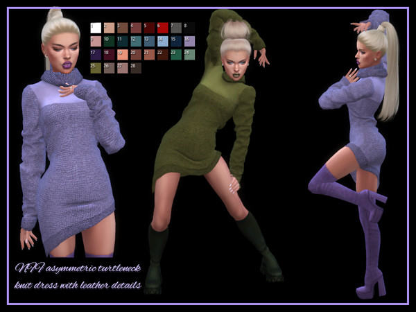 Sims 4 — NFF asymmetric turtleneck knit dress with leather details by Nadiafabulousflow — Hi guys! This upload its