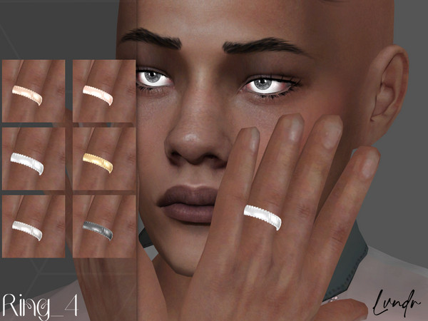 Sims 4 — Ring_4 by LVNDRCC — Wide, reflective band ring with dent motive in silver, platinum, black zirconium, yellow and