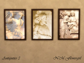 Sims 4 — Antiquities 3 by nmflowergirl — A set of three vertical rectangular, framed wall decorations depicting scenes