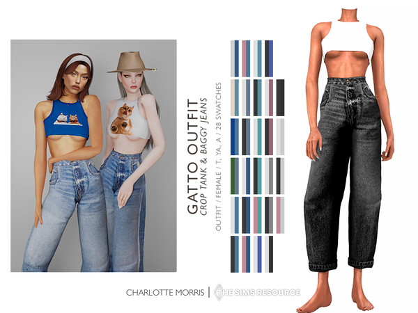 Sims 4 — Gatto Outfit by Charlotte_Morris — Gatto Outfit [Crop Tank & Baggy Jeans] 28 swatches Feminine Teen, Young