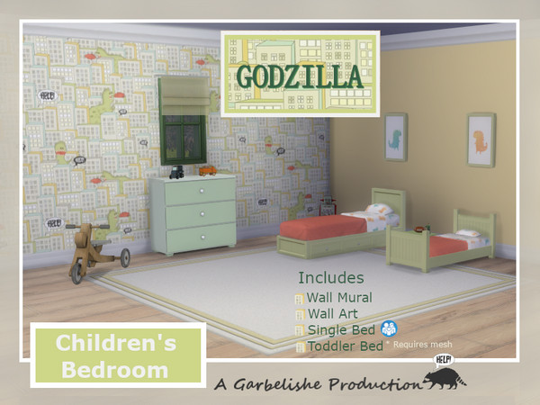Sims 4 — Godzilla Children's Bedroom by Garbelishe — Godzilla themed children's room. Comes with Wall Mural, Wall Art,
