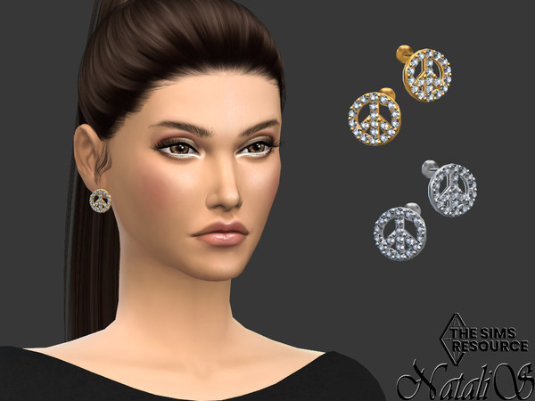 Sims 4 — Peace sign stud earrings by Natalis — Peace sign stud pave earrings. 2 metal colors. 2 crystal colors.