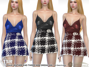 Sims 4 — Leather and Tweed Mini Dress by Harmonia — New Mesh All Lods 10 Swatches HQ Please do not use my textures.