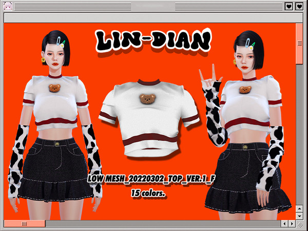 Sims 4 — Bear embroidered short-sleeved blouse by LIN_DIAN — - New Mesh - ALL Lods. - 15 Colors. - NORMAL MAP