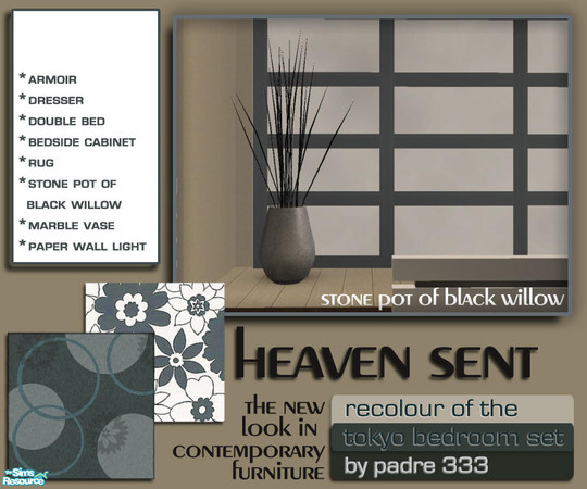 Sims 2 — Heaven Sent Stone Pot of Black Willow by Padre — Alabaster white with slate grey create a harmonious bedroom for