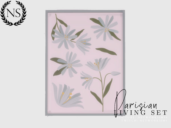 Sims 4 — Parisian Framed Poster by networksims — A poster of botanical illustrations in blue and green frames.