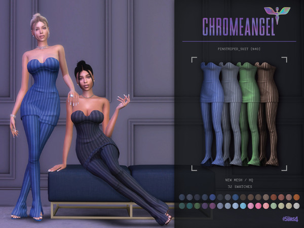 Sims 4 — Pinstriped Suit [N40] by CHROMEANGEL44 — New Mesh 32 Swatches HQ Texture Female | Adult-Elder-Teen-Young Adult