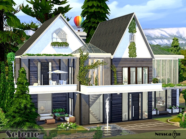 Sims 4 — Selene by Nessca — Selene is a large house with an upstairs greenhouse. The leading colors are white, brown and