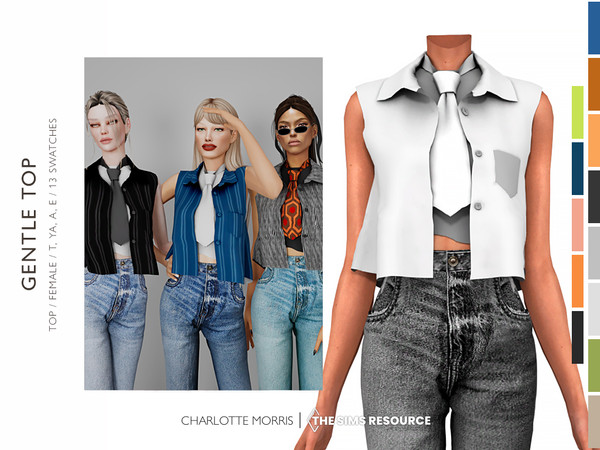 Sims 4 — Gentle Top by Charlotte_Morris — Gentle Top [Crop Tank & Shirt & Tie] 13 swatches Feminine Teen, Young