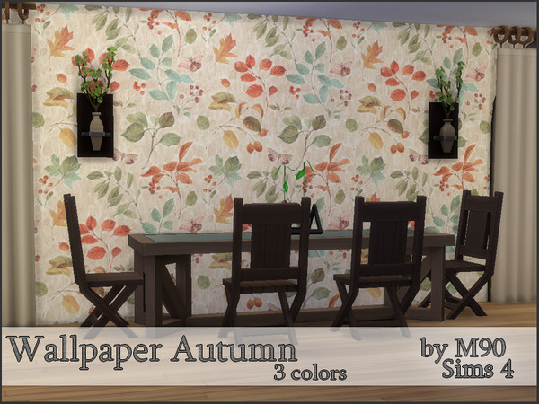 Sims 4 — M90 Autumn by Mircia90 — Wallpaper with leaves. Oryginal art by Lisa Audit. Inspired by real wallpaper.