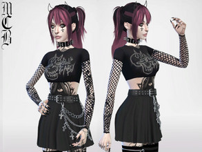 Sims 4 — Devil's Baby Fishnet Crop Top by MaruChanBe2 — Crop top with skull and fishnet sleeves.