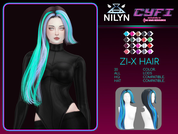 Sims 4 — CyFi ZI-X HAIR by Nilyn — Mesh by Nilyn. 20 Swatches. All LOD Compatible. HQ Compatible. HAT Compatible.