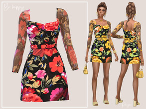 Sims 4 — BeHappy by Paogae — Short dress, floral pattern in three bright colors, transparent sleeves, brightens up your