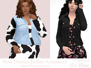 Sims 4 — Moo Denim Jacket (Accessory) by Dissia — Jeans jacket with or without cow spots sleeves and with white top under