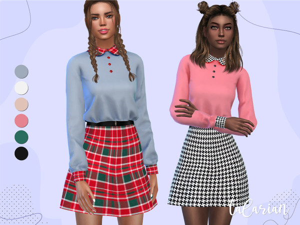 Sims 4 — Emily [pattern on the skirt] by talarian — Outfit with plaid pattern and houndstooth pattern on skirt, collar