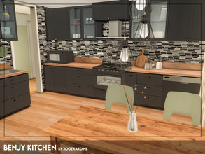 Sims 4 — Benjy Kitchen (TSR only CC) by xogerardine — Black kitchen with hits of natural wood.