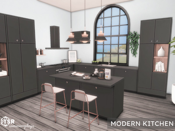 Sims 4 — Modern Kitchen + Dining | TSR CC  by Summerr_Plays — A modern kitchen and dining room. Medium Wall Height 