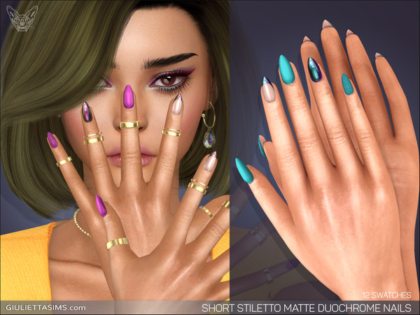 Sims 4 — Short Stiletto Matte Duochrome Nails by feyona — Short Stiletto Matte Duochrome Nails come with 12 swatches that