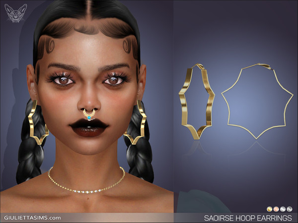 Sims 4 — Saorise Hoop Earrings by feyona — Saorise Hoop Earrings come in 4 colors of metal: yellow gold, white gold, rose