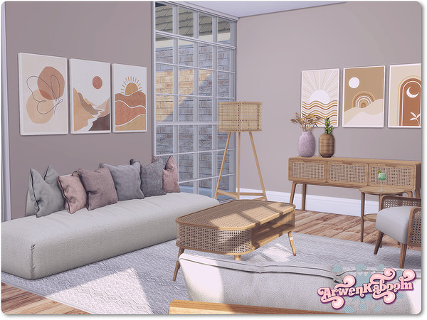 Sims 4 — Elna by ArwenKaboom — Woven cane themed living room in bright and dark colors. All objects are base game and you