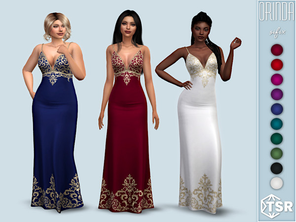 Sims 4 — Orinda Gown by Sifix2 — A gold embellished low-cut gown. Comes in 10 colors for teen, young adult and adult