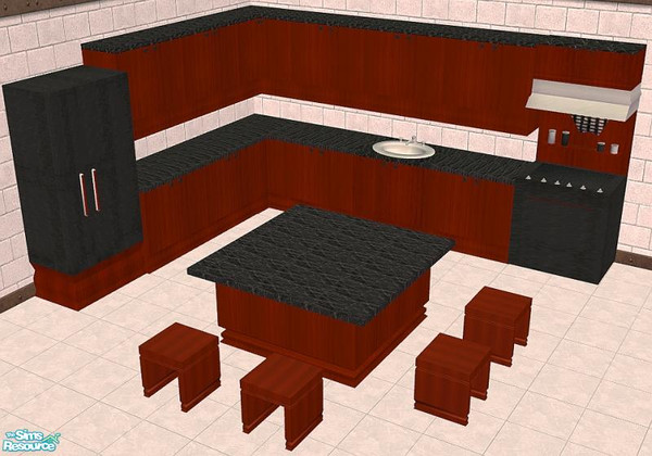 Sims 2 — Aule Kitchen by NewSimSimGirl — A dark wood and marble , Italian-inspired kitchen set. Stove, fridge and counter