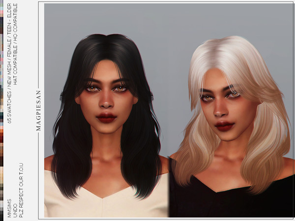 Sims 4 — [PATREON] Undo Hair by magpiesan — Long wavy hair in 65 colors for Female. HQ compatible and hat chops included.