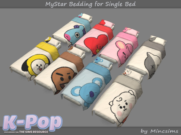 Sims 4 — MyStar Bedding for Single Bed by Mincsims — Basegame Compatible 8 swatches Used images were licensed from Adobe