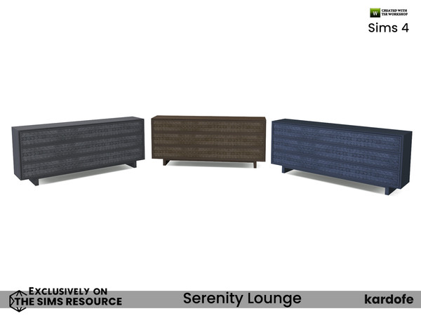 Sims 4 — Serenity Lounge_Chest of drawers by kardofe — TV table with three large carved wooden drawers, in three colour