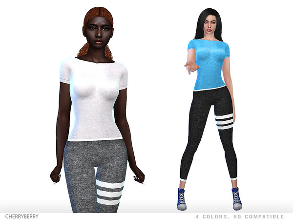 Sims 4 — Lucy Outfit by CherryBerrySim — Athletic wear outfit with a T-shirt and cotton leggings for female sims.