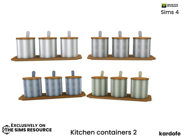Sims 4 — kardofe_Kitchen containers_Three jars by kardofe — Set of three jars on a tray, with wooden lid and teaspoon,