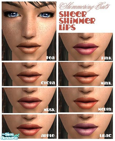 Sims 2 — Sheer Shimmer Lips by shimmeringcat — A set of 8 sheer, shimmery, soft lipstick colors for beautiful lips to