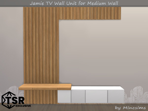 Sims 4 — Jamie TV Wall Unit for Medium Wall by Mincsims — Basegame Compatible 4 swatches for Medium Wall