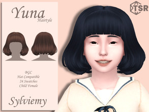 Sims 4 — Yuna Hairstyle (Child) by Sylviemy — Medium Straight Hair New Mesh Maxis Match All Lods Base Game Compatible Hat