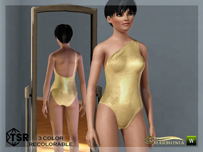Sims 3 — One Shoulder Swimsuit in Metallic by Harmonia — 3 color Recolorable Please do not use my textures. Please do not