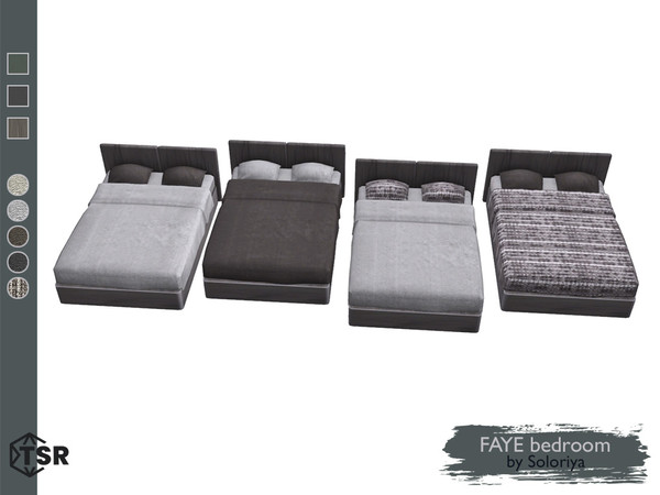 Sims 4 — Faye Bedroom. Bed by soloriya — Double bed. Part of Faye Bedroom set. 4 color variations. Category: Comfort -
