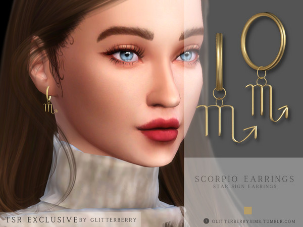 Sims 4 — Scorpio Earrings by Glitterberryfly — Star Sign Earrings A gold hoop with a gold Scorpio Zodiac sign pendant