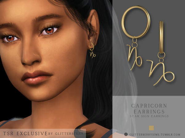 Sims 4 — Capricorn Earrings by Glitterberryfly — Star Sign Earrings A gold hoop with a gold Capricorn Zodiac sign pendant