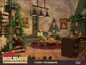 Sims 4 — Festive Steampunk Livingroom_TSR only CC by evi — It is definitely a cozy festive room with its steampunk
