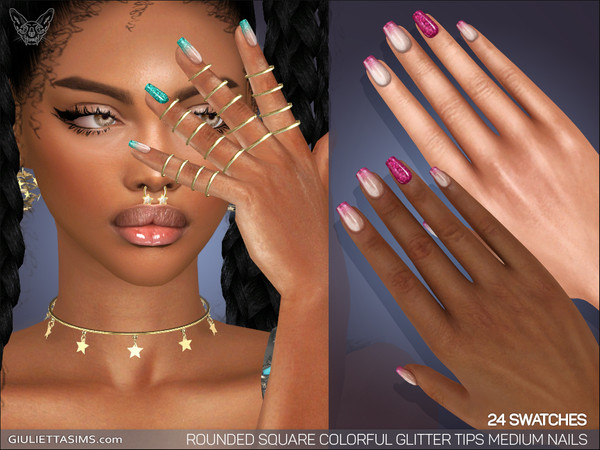 Sims 4 — Rounded Square Colorful Glitter Tips Medium Nails by feyona — Rounded Square Colorful Glitter Tips Medium Nails