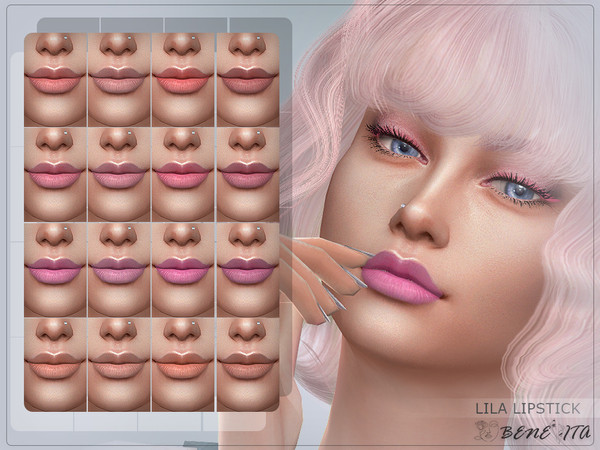Sims 4 — Lila Lipstick [HQ] by Benevita — Lila Lipstick Makeup Category HQ Mod Compatible 16 swatches For Female (Teen to