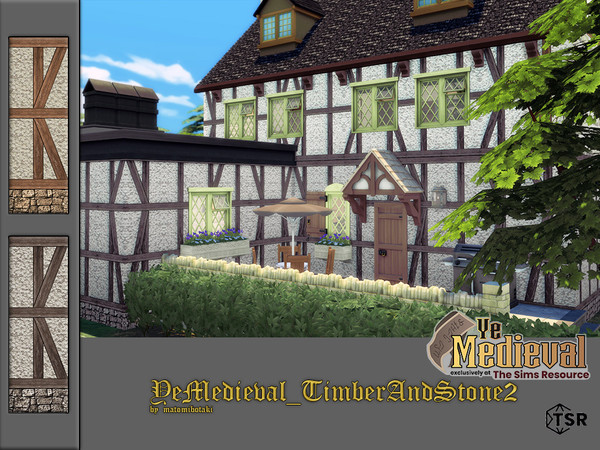 Sims 4 — YeMedieval_TimberAndStone2 by matomibotaki — Half-timbered wall partly with quarry stones in the lower part. The