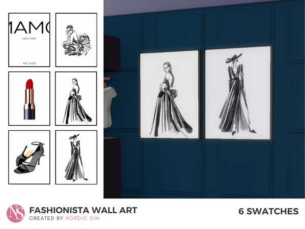 Sims 4 — Fashionista wall art by nordicsim1 — Modern framed poster with 6 swatches. Three swatches of fashion sketches of