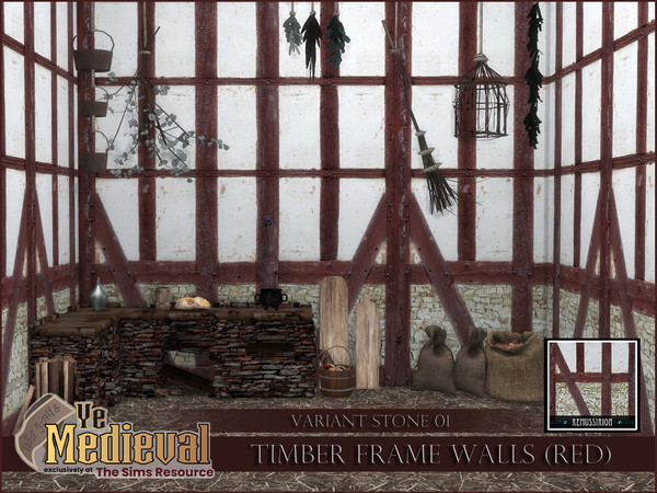 Sims 4 — YeMedieval Timber Frame Walls - Stone01 - Dark red by RemusSirion — Dark red Timber Frame Walls with one row of