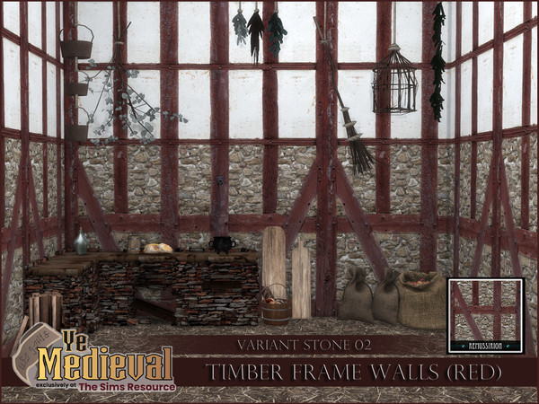 Sims 4 — YeMedieval Timber Frame Walls - Stone02 - Dark red by RemusSirion — Dark red Timber Frame Walls with two rows of