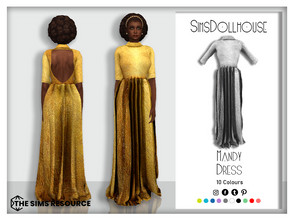 Sims 4 — Mandy Dress by SimsDollhouse — Long metallic dress with a high neck and 3/4 sleeves and an open back in 10