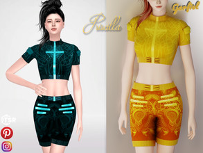 Sims 4 — Priscilla - Bright Cyberpunk outfit by Garfiel — Bright shiny outfit in the style of cyberpunk with a cross on
