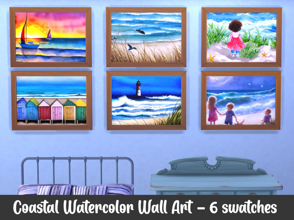 Sims 4 —  Coastal Watercolor Wall Art by LucidRayne — Calming coastal watercolor paintings. 6 swatches. AI artwork